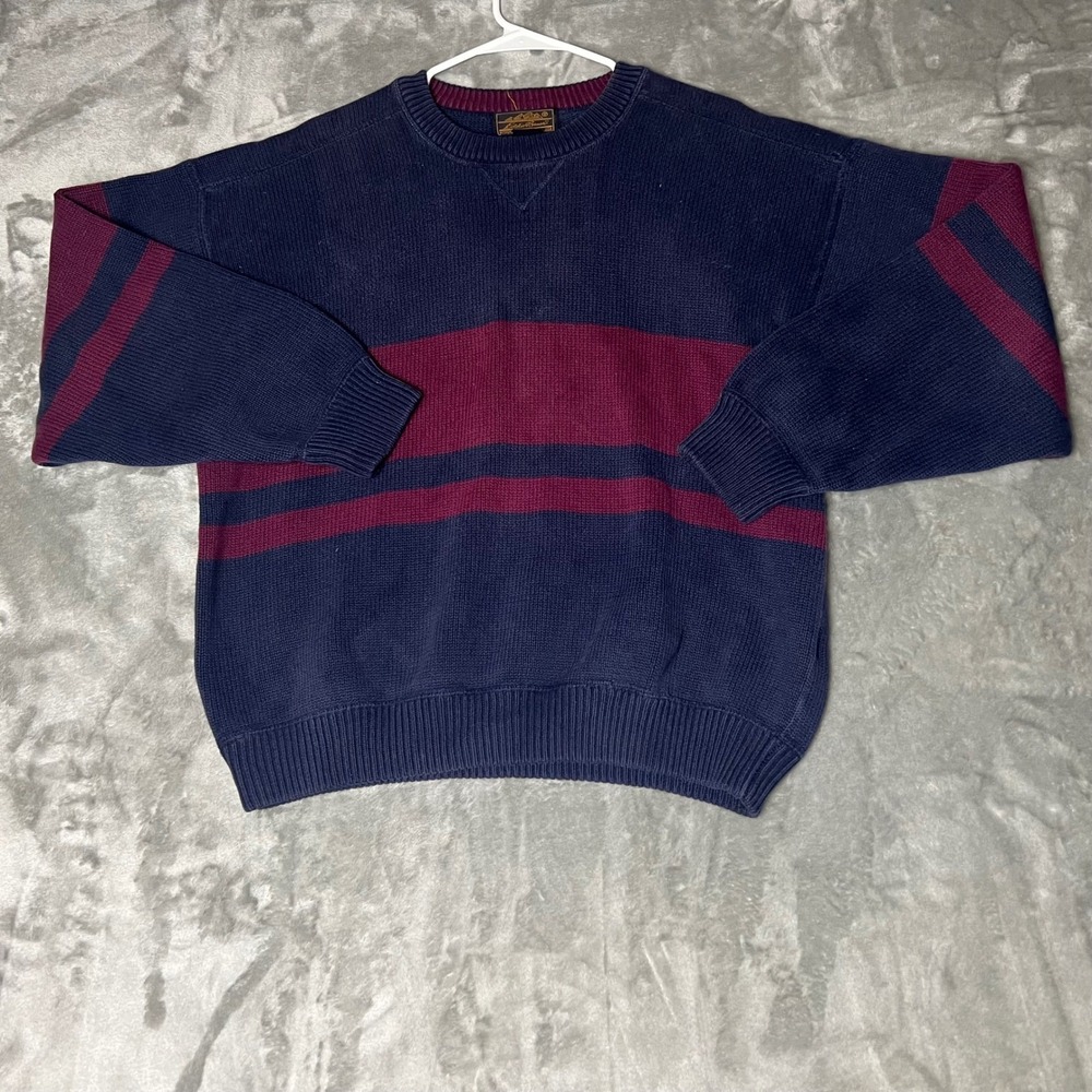 vtg Eddie Bauer Mens Striped Cotton Sweater Large Navy Burgundy chunky grandpa